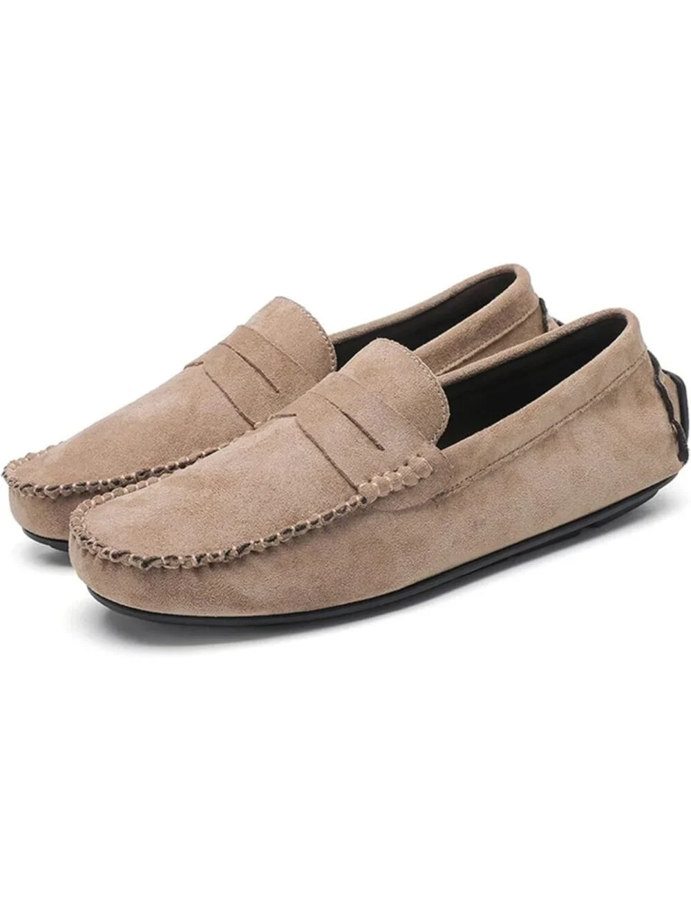 Men's Khaki Suede Penny Loafers Slip-On Driving Moccasins Casual Flat Shoes